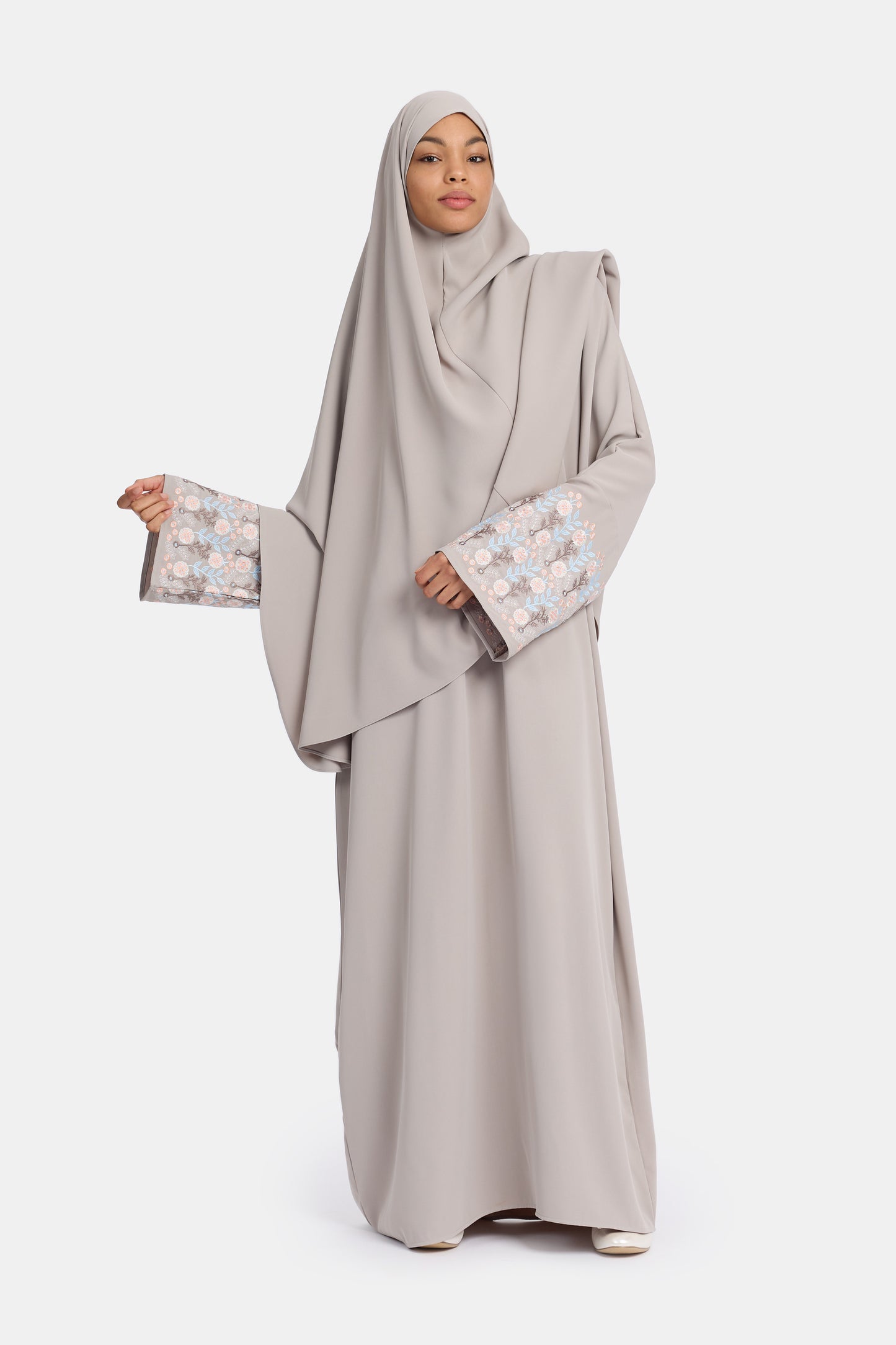 Floral embroidery abaya - Stone