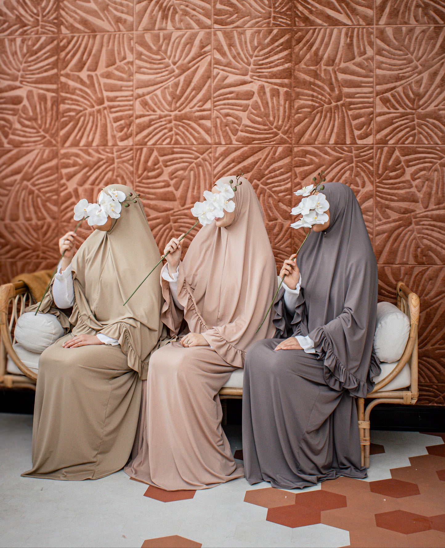 Jersey ruffle khimar + rok set - Nude pink