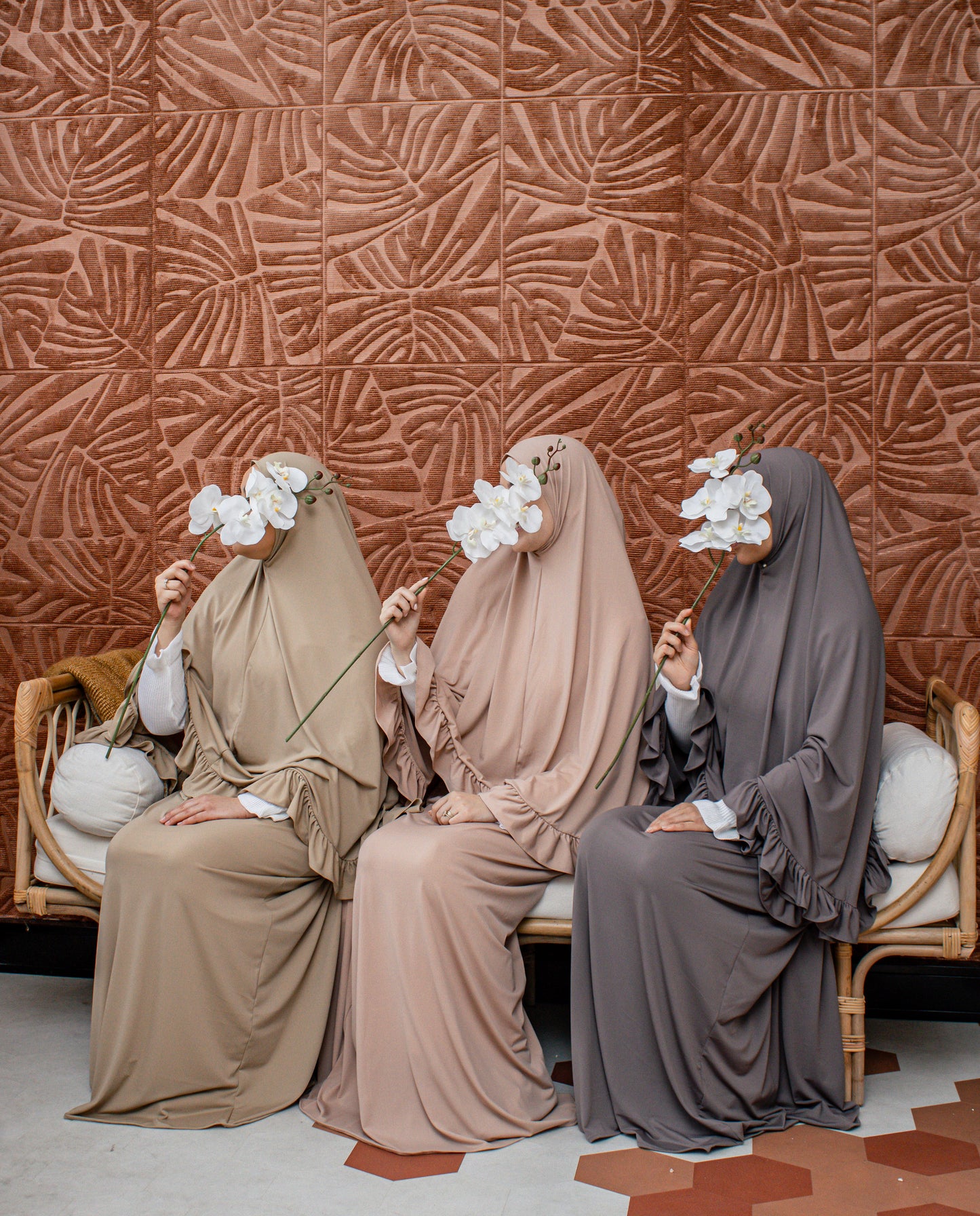 Jersey ruffle khimar + rok set - Brown gray